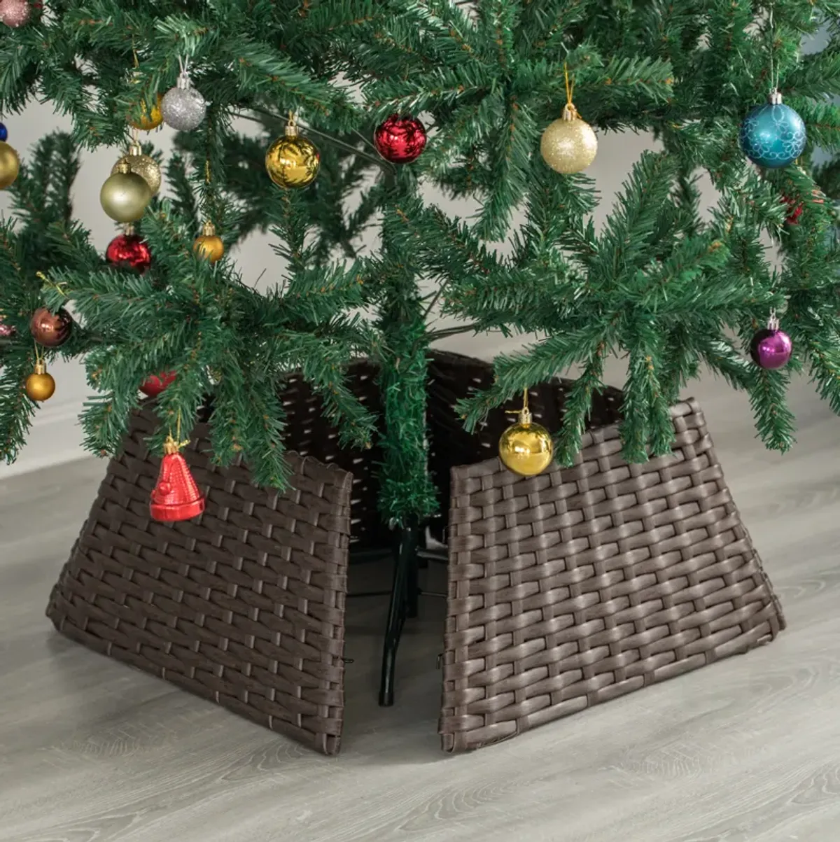 Foldable Christmas Tree Skirt Collar Basket, Ring Base Stand Cover, Rattan Plastic, Grey