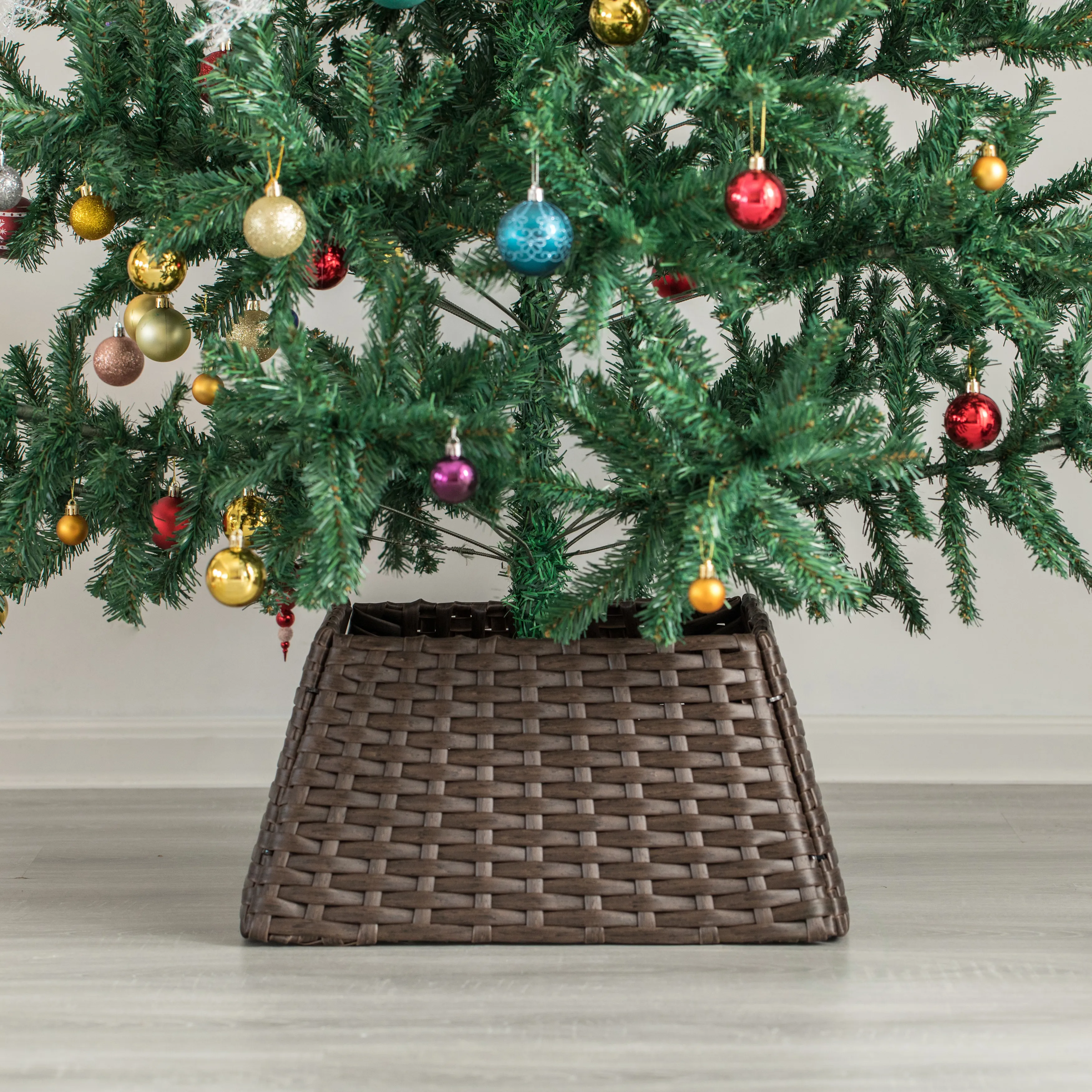 Foldable Christmas Tree Skirt Collar Basket, Ring Base Stand Cover, Rattan Plastic, Grey