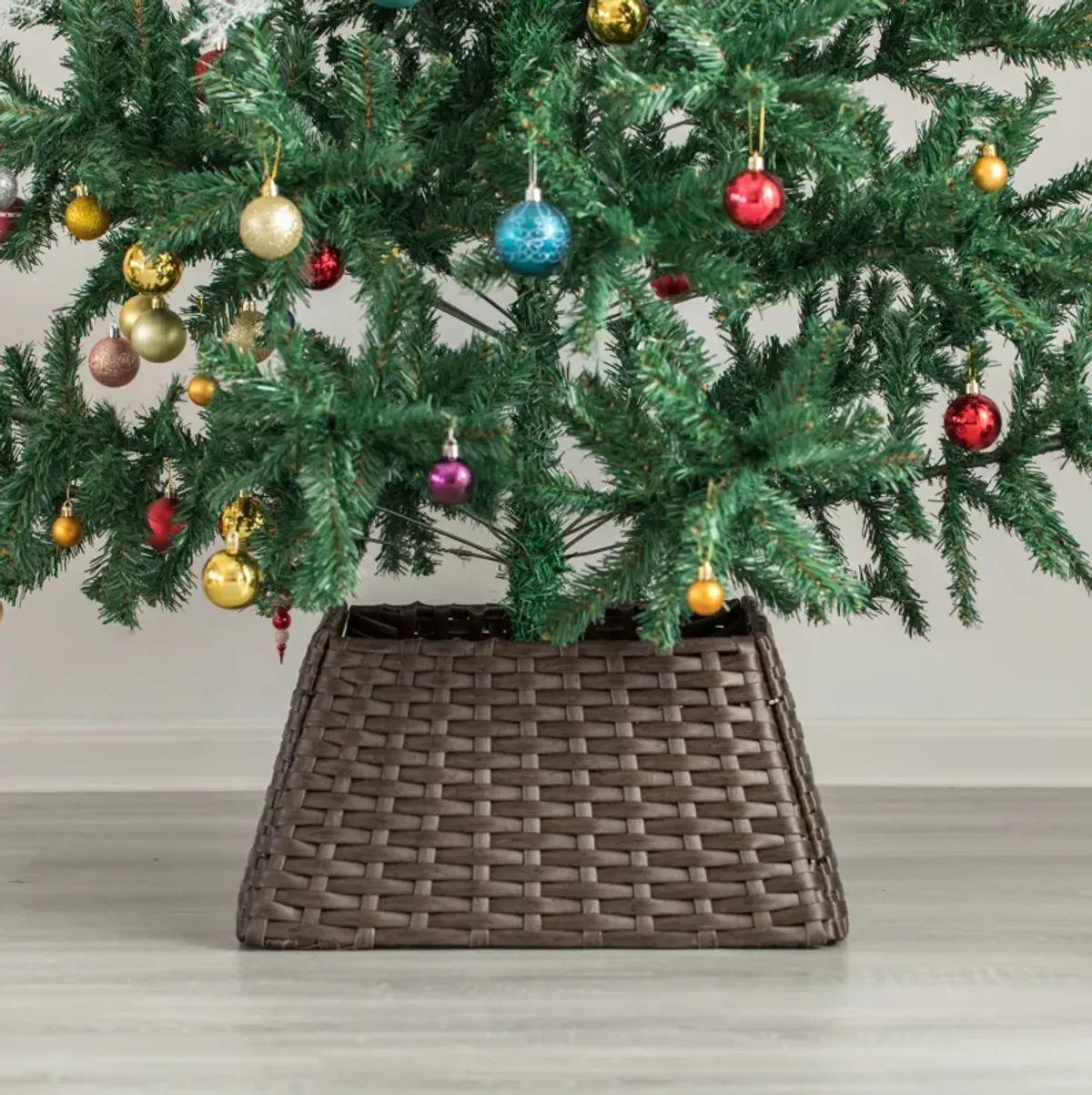 Foldable Christmas Tree Skirt Collar Basket, Ring Base Stand Cover, Rattan Plastic, Grey