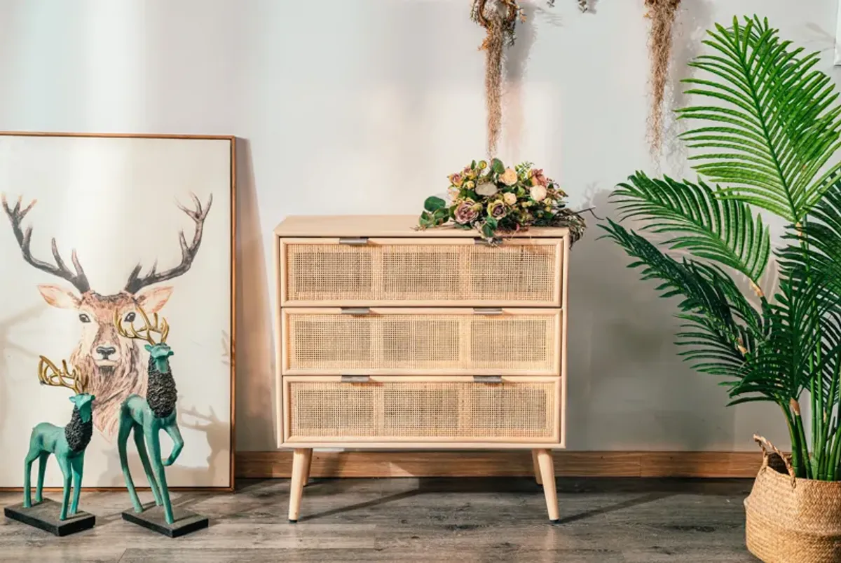 MANILLA 3-Drawer Wooden and Natural Rattan Dresser