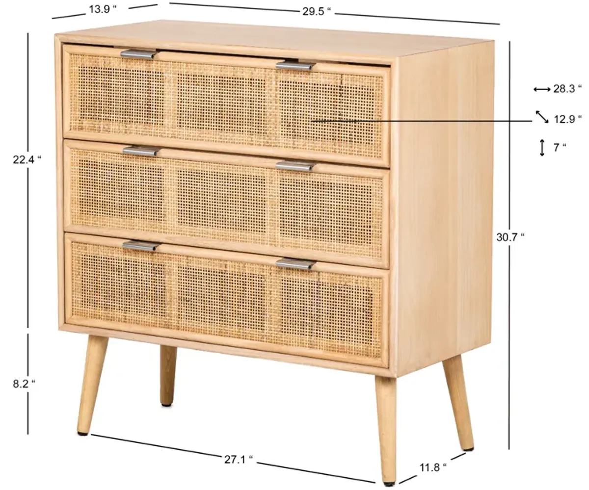 MANILLA 3-Drawer Wooden and Natural Rattan Dresser