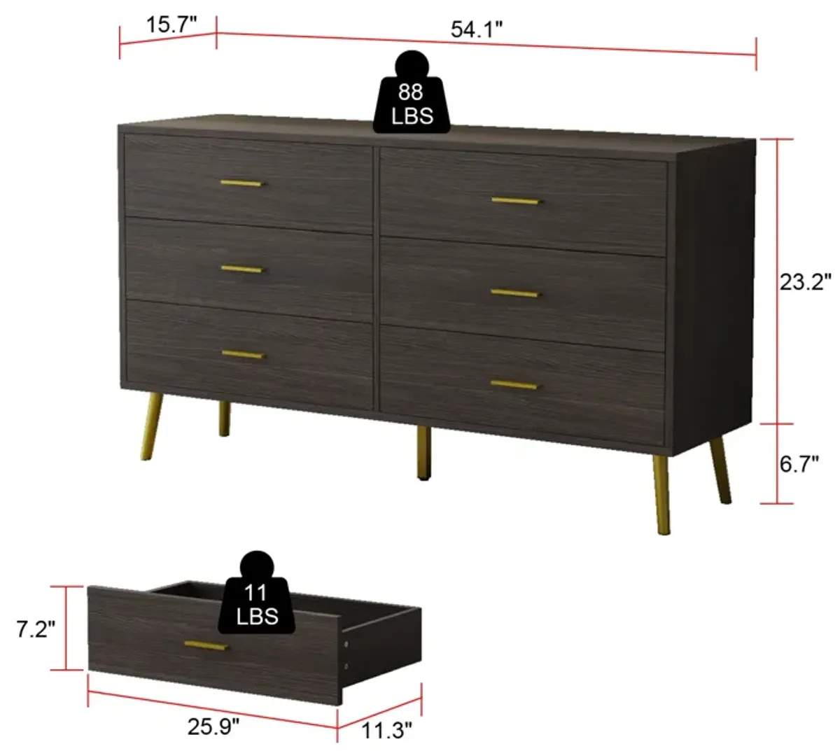 FUFU&GAGA Contemporary 6-Drawer Double Dresser with Gold-Tone Pulls, Black Finish, 54-inch Wide, Composite Material, Modern Style, (54.1" W x 15.7" D x 29.9" H), Black