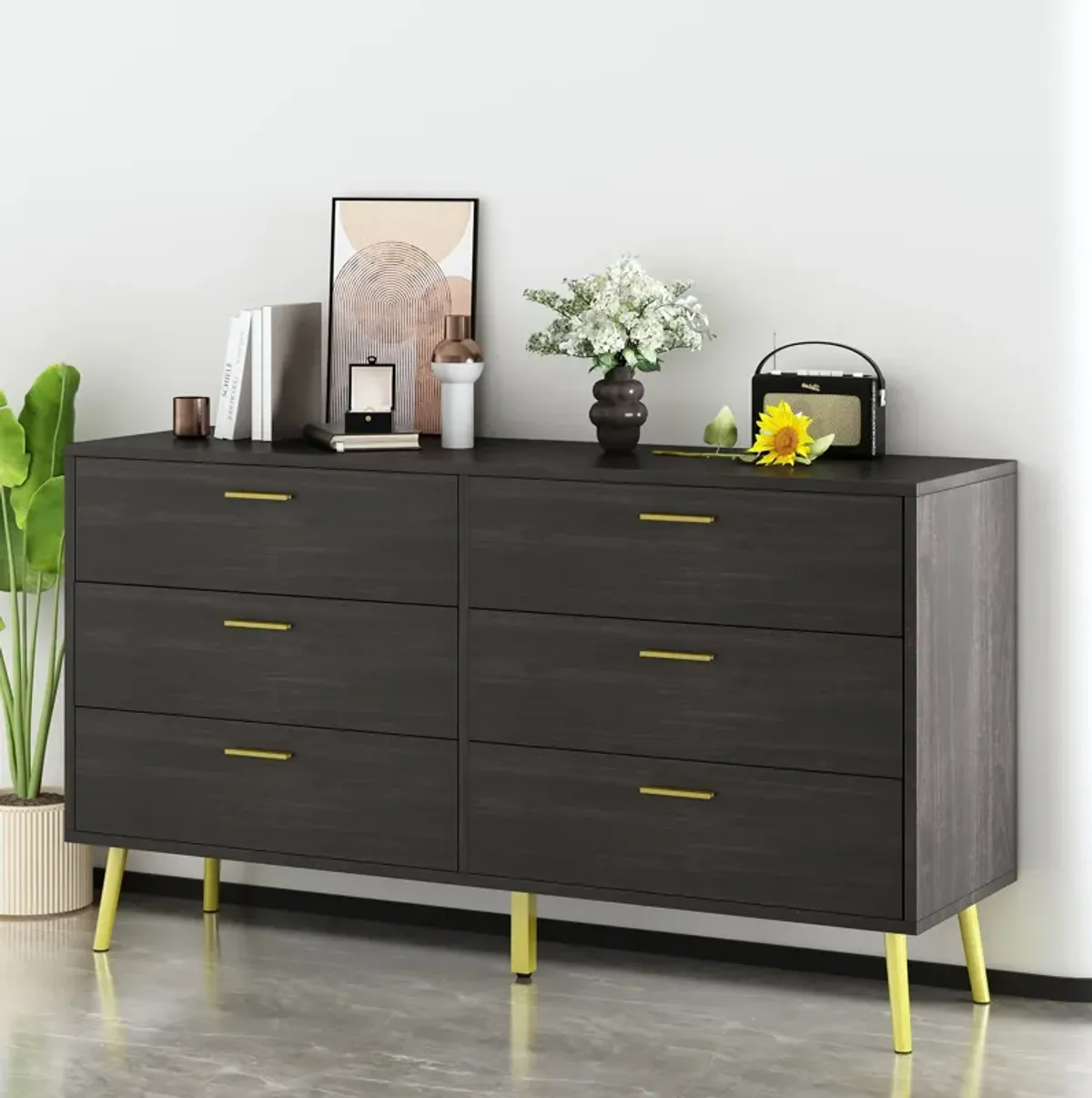 FUFU&GAGA Contemporary 6-Drawer Double Dresser with Gold-Tone Pulls, Black Finish, 54-inch Wide, Composite Material, Modern Style, (54.1" W x 15.7" D x 29.9" H), Black