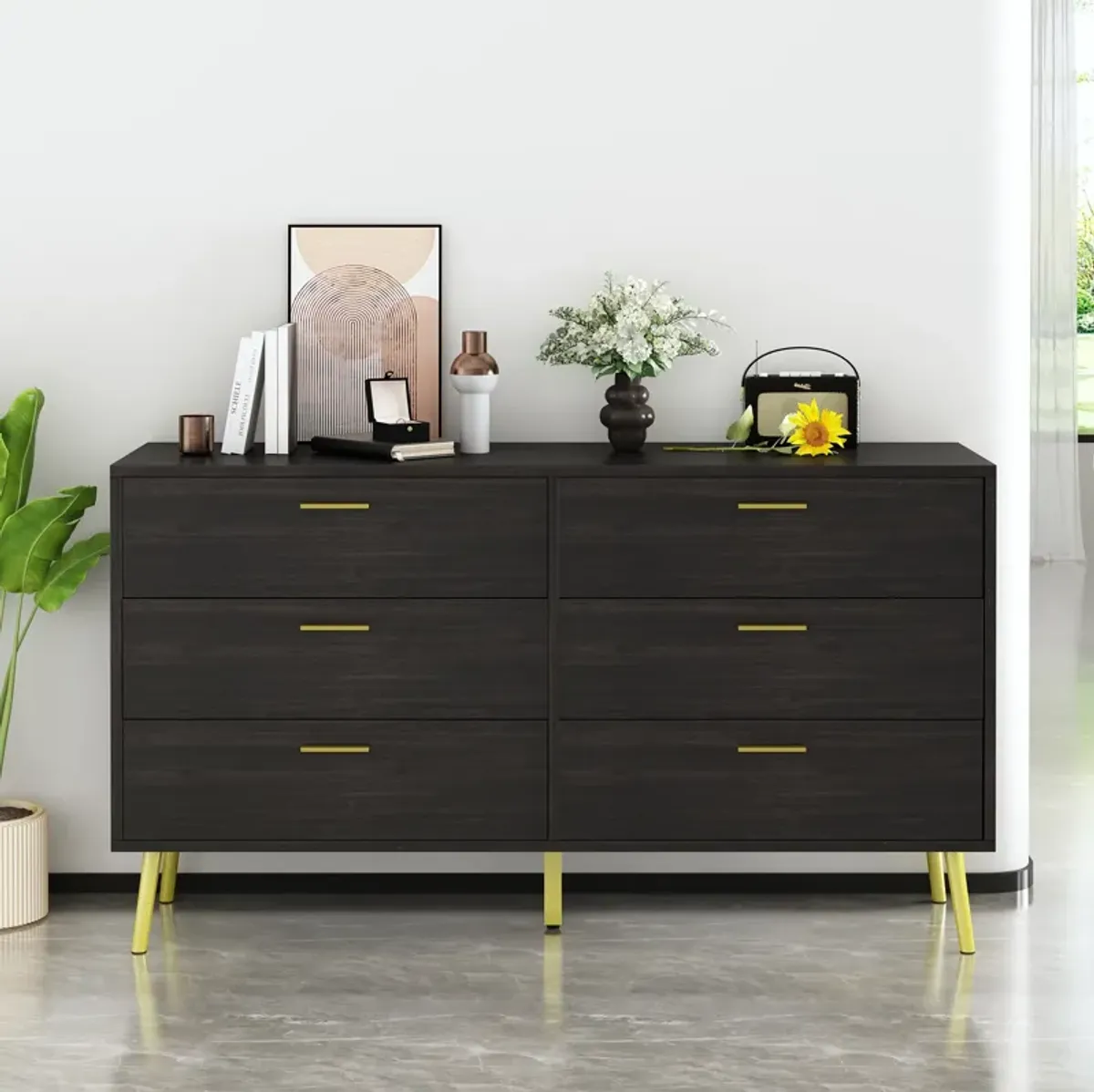 FUFU&GAGA Contemporary 6-Drawer Double Dresser with Gold-Tone Pulls, Black Finish, 54-inch Wide, Composite Material, Modern Style, (54.1" W x 15.7" D x 29.9" H), Black