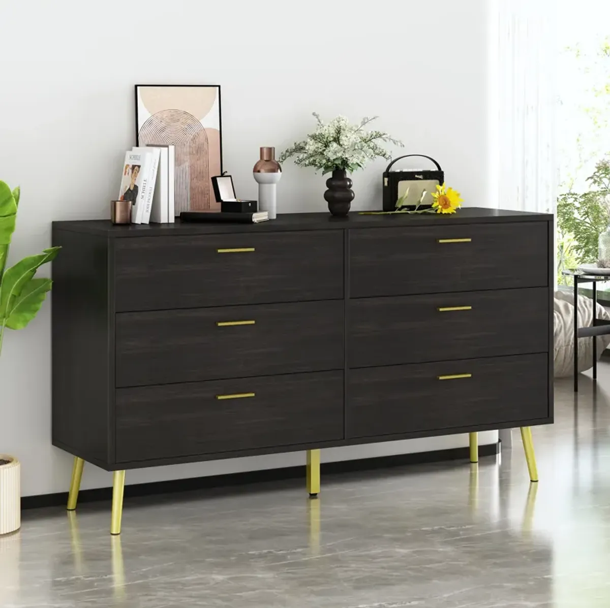 FUFU&GAGA Contemporary 6-Drawer Double Dresser with Gold-Tone Pulls, Black Finish, 54-inch Wide, Composite Material, Modern Style, (54.1" W x 15.7" D x 29.9" H), Black