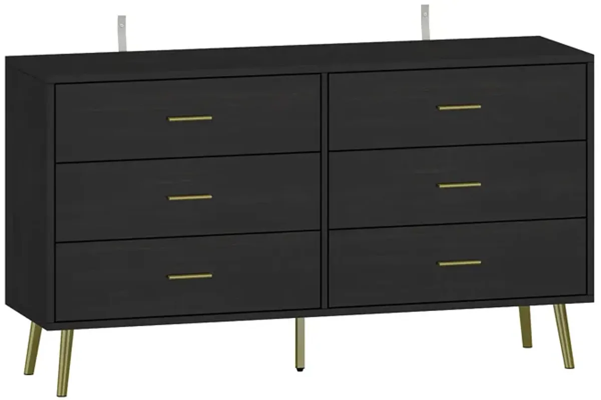 FUFU&GAGA Contemporary 6-Drawer Double Dresser with Gold-Tone Pulls, Black Finish, 54-inch Wide, Composite Material, Modern Style, (54.1" W x 15.7" D x 29.9" H), Black