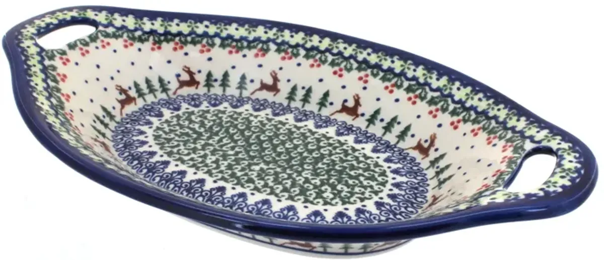 Blue Rose Polish Pottery Daisy Surprise Bread Tray with Handles