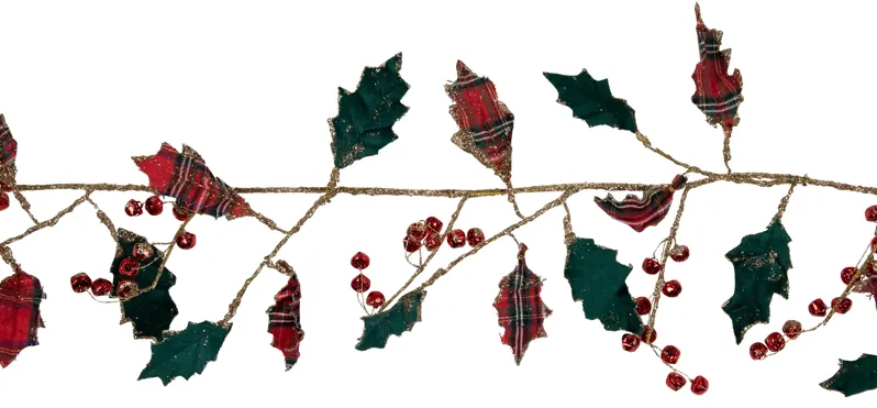 5' Green and Red Plaid Holly with Jingle Bells Christmas Garland - Unlit