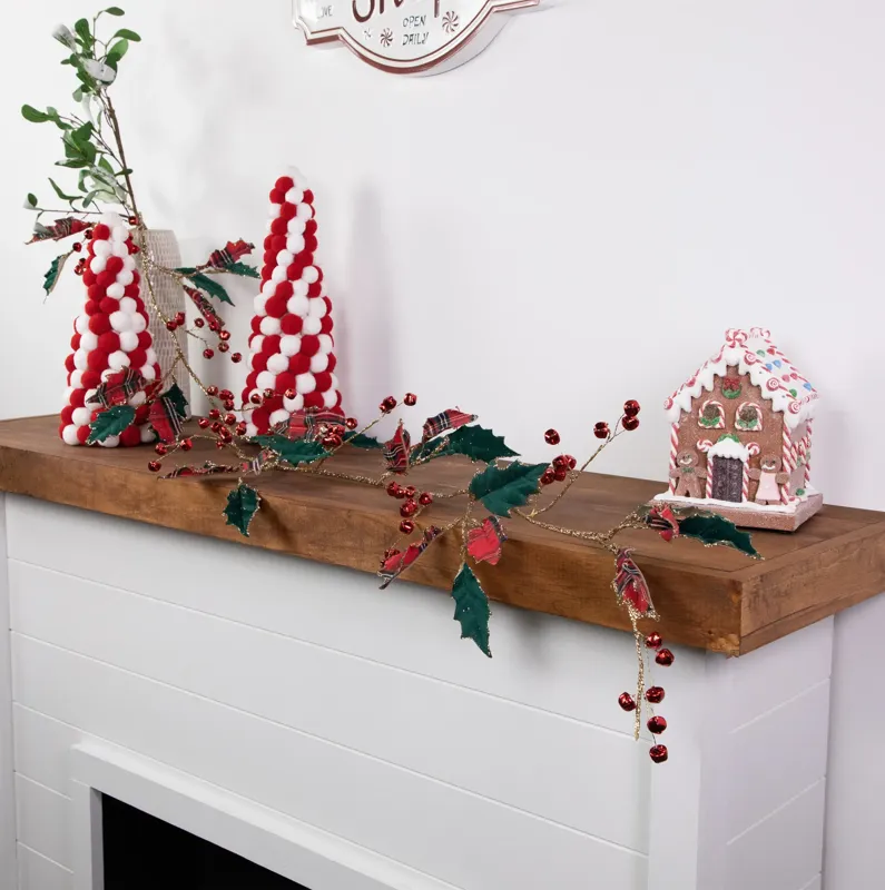 5' Green and Red Plaid Holly with Jingle Bells Christmas Garland - Unlit