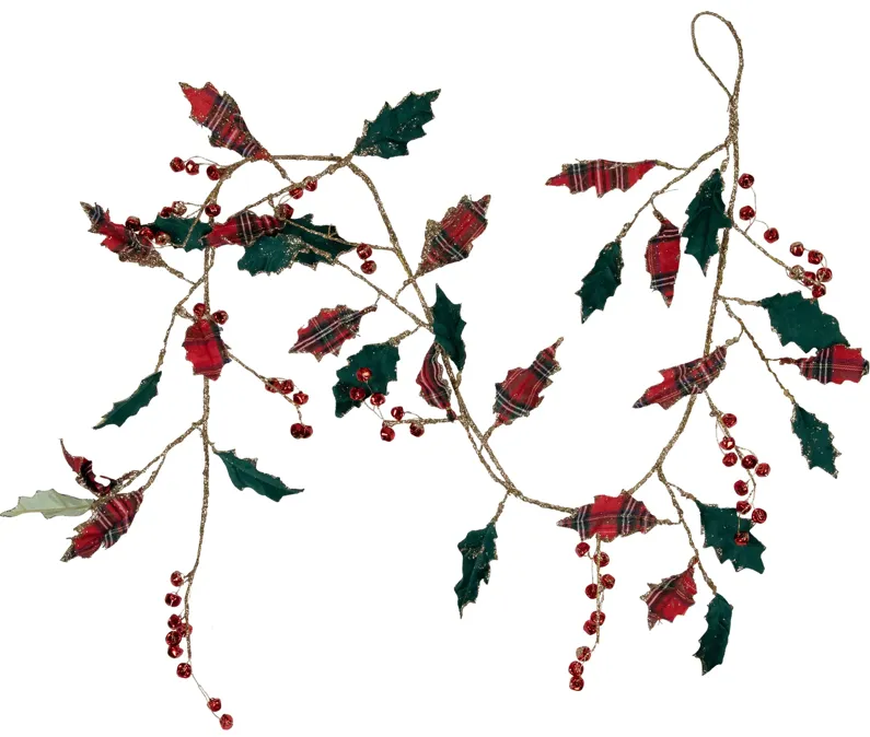 5' Green and Red Plaid Holly with Jingle Bells Christmas Garland - Unlit