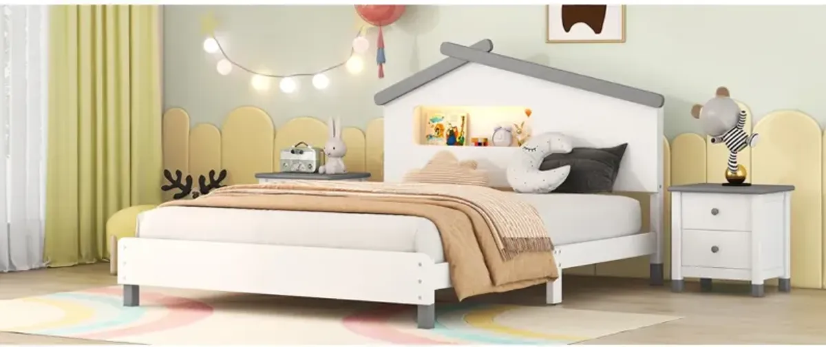 Full Size Wood Platform Bed With House-Shaped Headboard And Motion Activated Night Lights