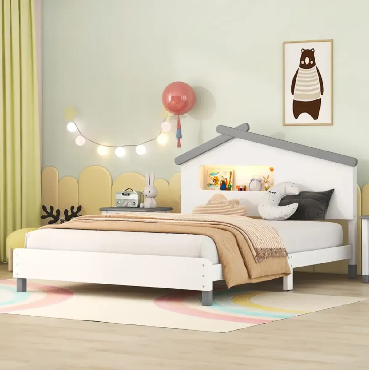 Full Size Wood Platform Bed With House-Shaped Headboard And Motion Activated Night Lights