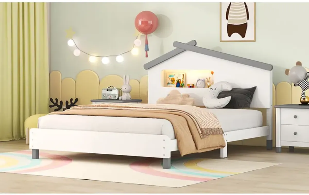 Full Size Wood Platform Bed With House-Shaped Headboard And Motion Activated Night Lights