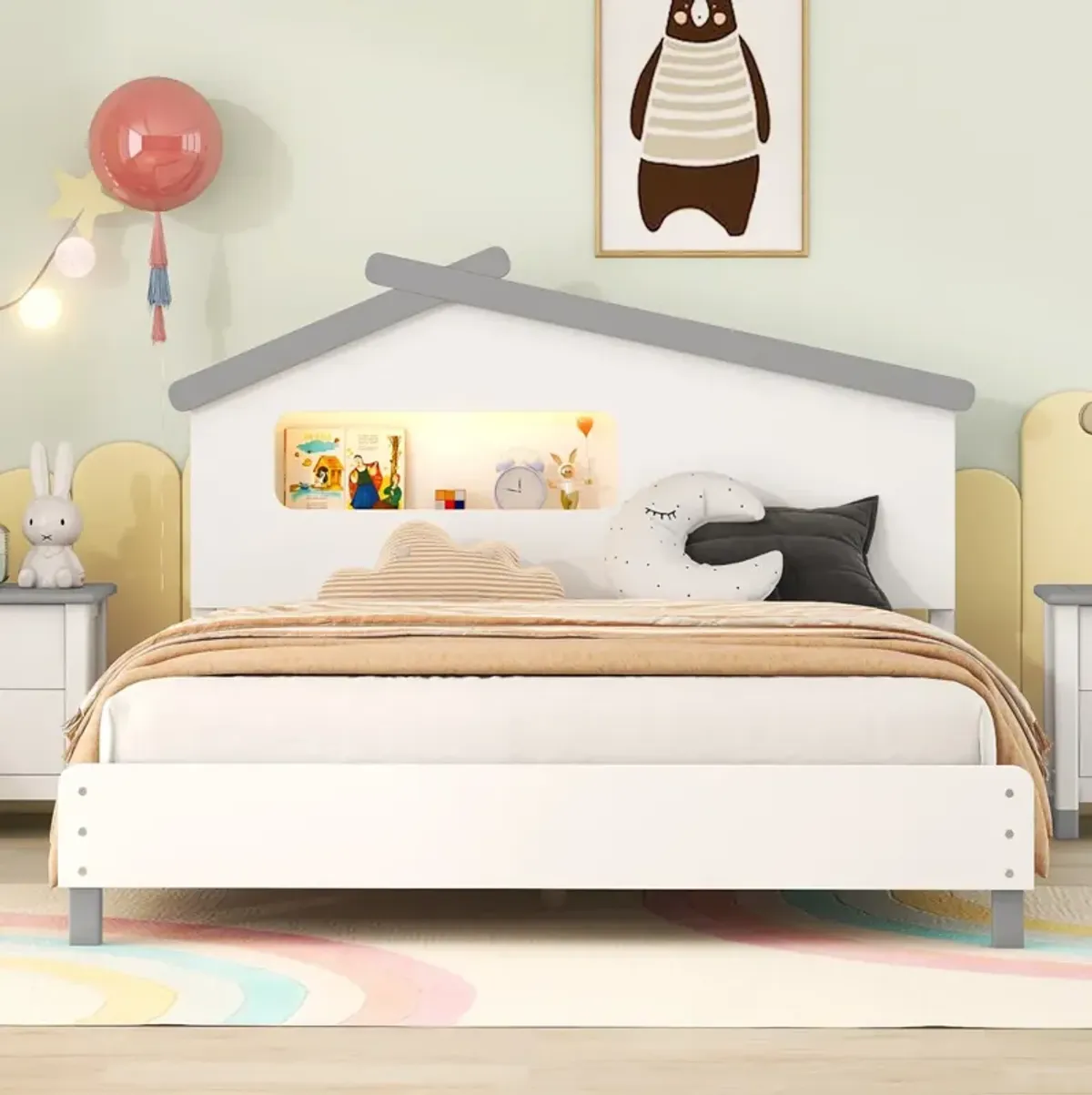 Full Size Wood Platform Bed With House-Shaped Headboard And Motion Activated Night Lights