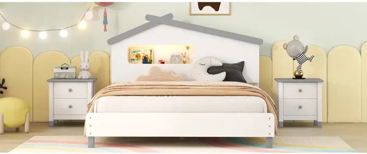 Full Size Wood Platform Bed With House-Shaped Headboard And Motion Activated Night Lights