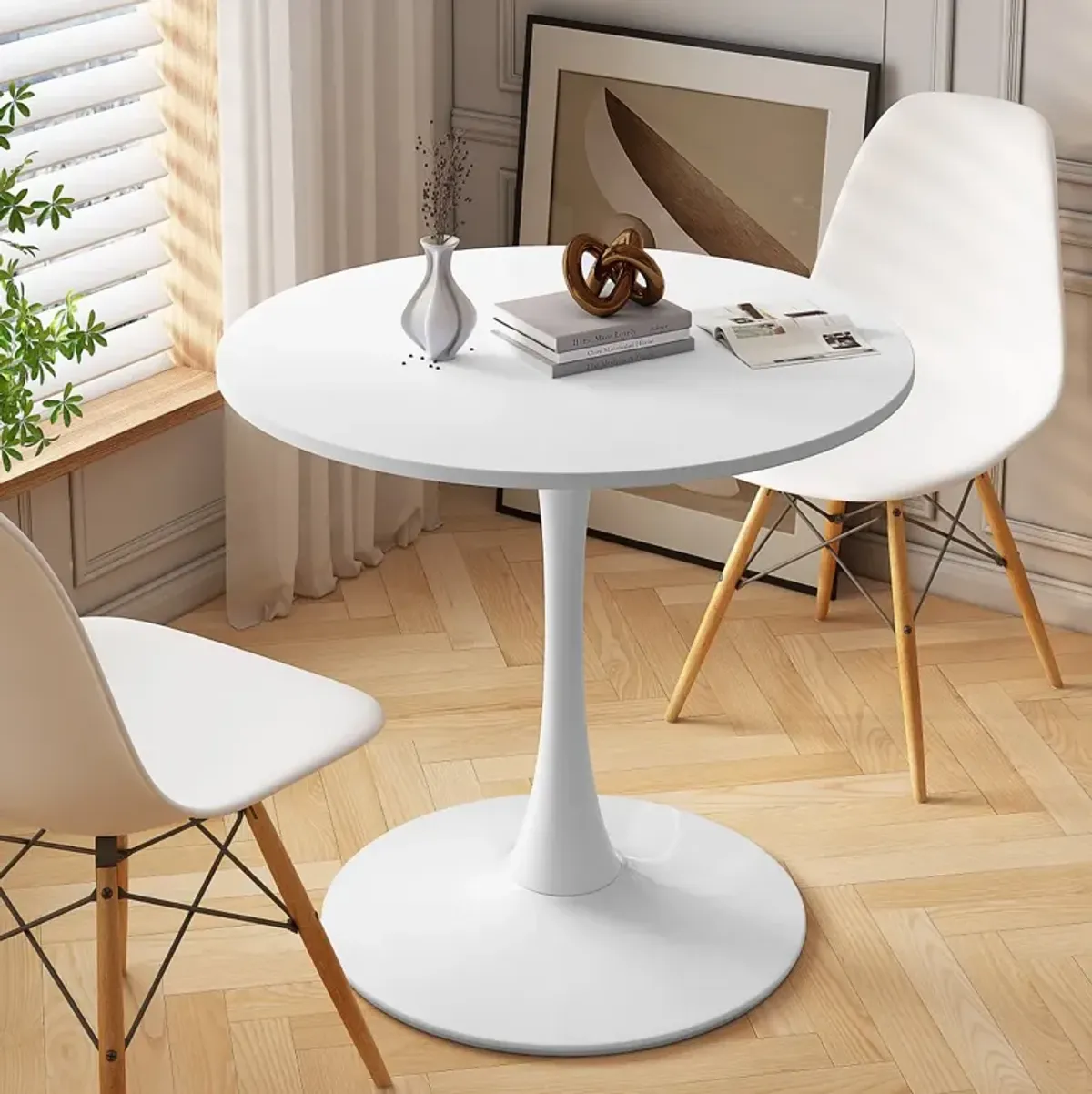 32" Modern Round Dining Table - White MDF/Metal Base