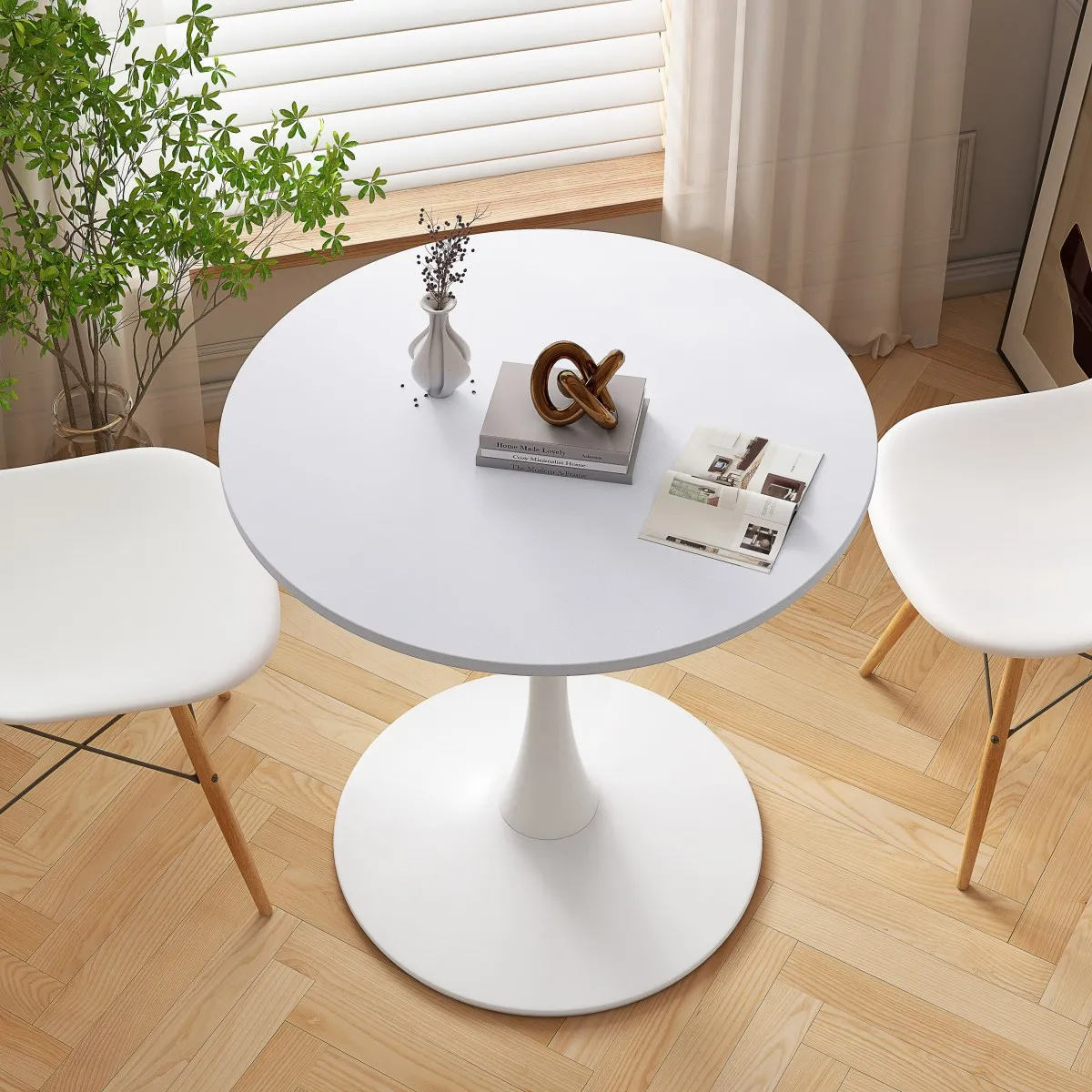 32" Modern Round Dining Table with Round MDF Tabletop, Metal Base Dining Table, End Table Leisure Coffee Table, White