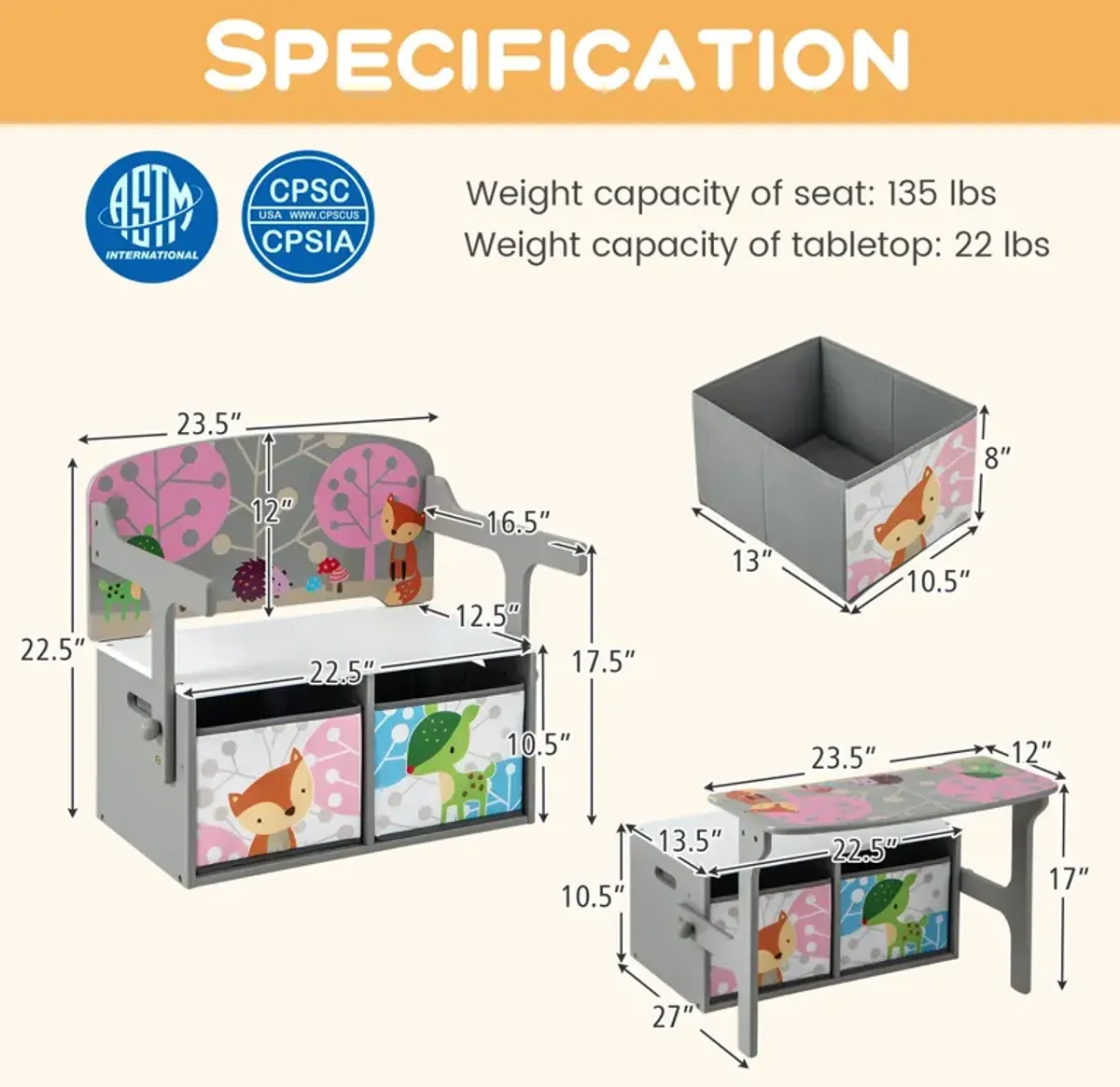 Kids Convertible Activity Bench with 2 Removable Fabric Storage Bins