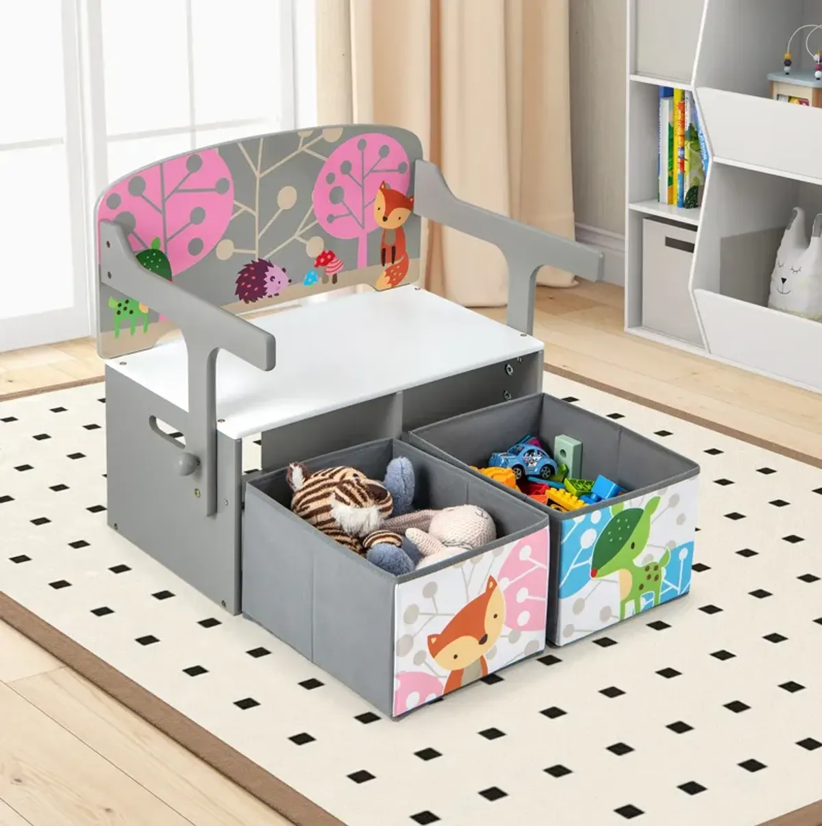 Kids Convertible Activity Bench with 2 Removable Fabric Storage Bins