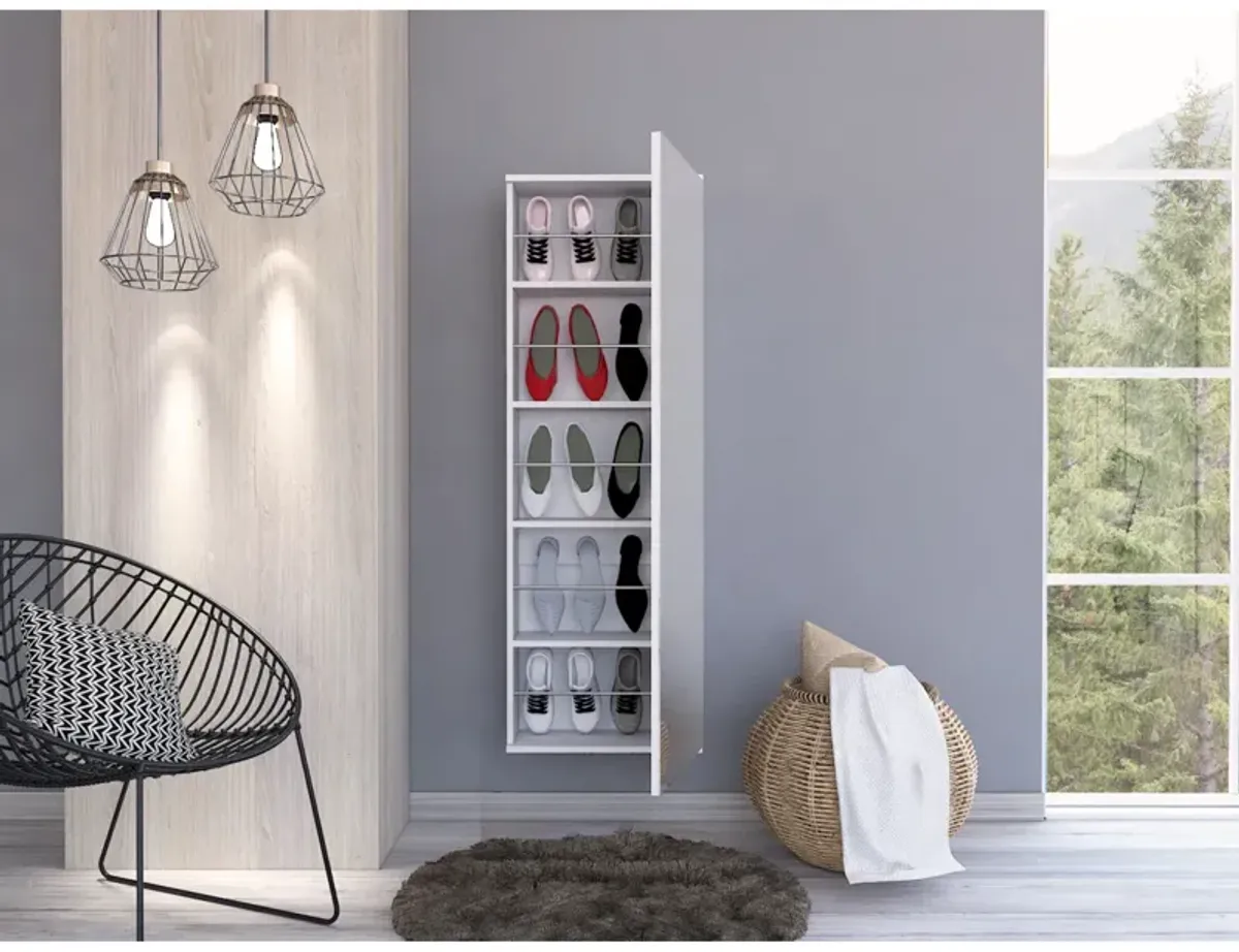 Leto Wall Mounted Shoe Rack With Mirror, Single Door, Capacity For Ten Shoes - White