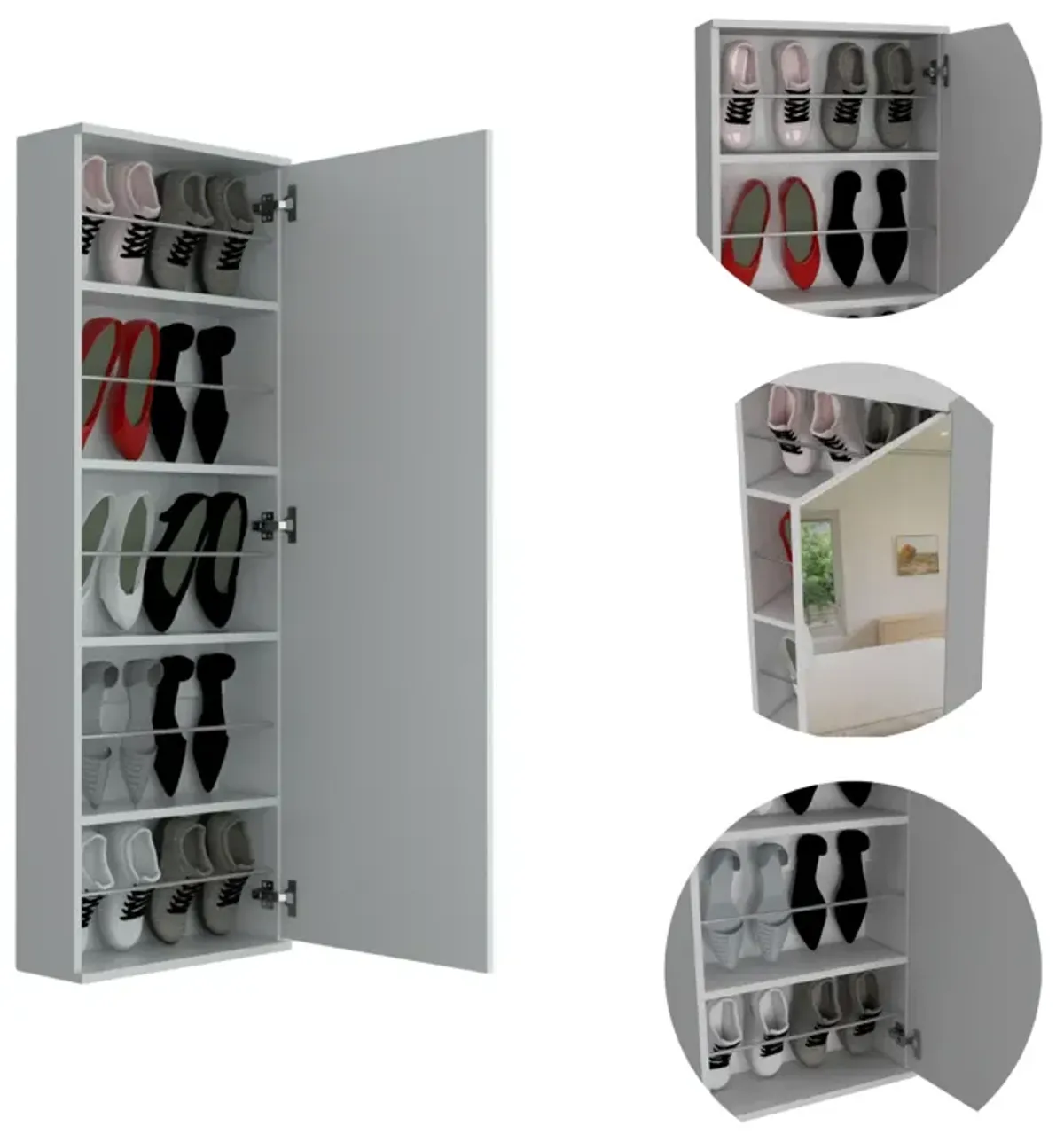 Leto Wall Mounted Shoe Rack With Mirror, Single Door, Capacity For Ten Shoes - White