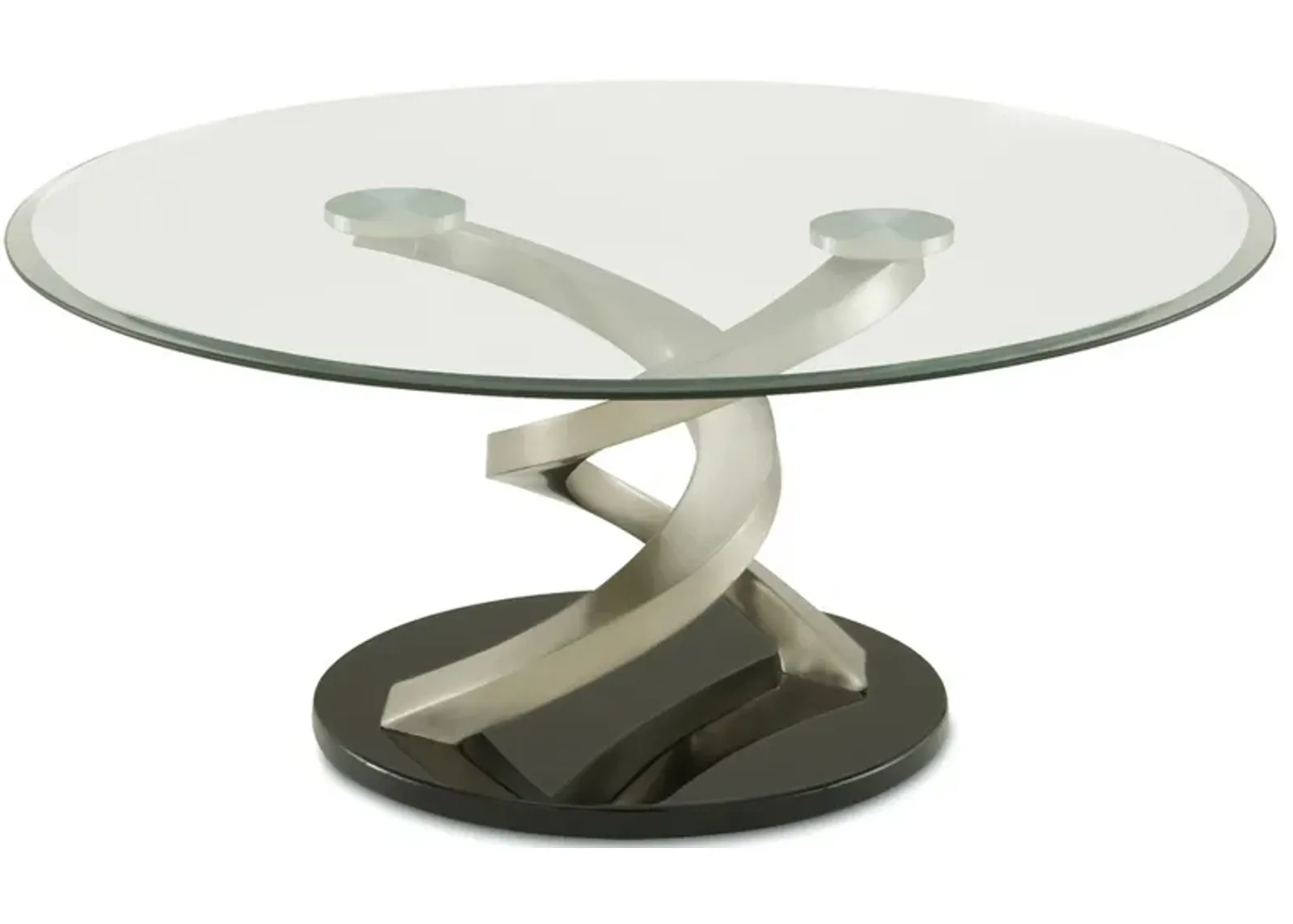 Coffee Table with Twisted Metal Base and Round Glass Top, Silver and Black-Benzara