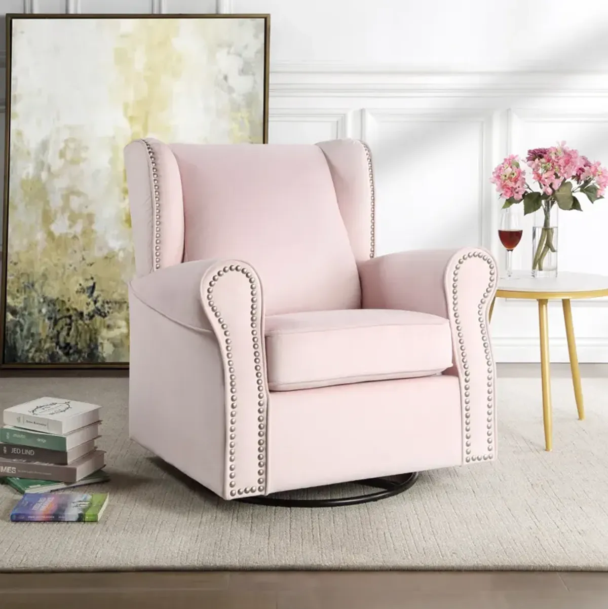 Tamaki Swivel Chair with Glider, Pink Fabric