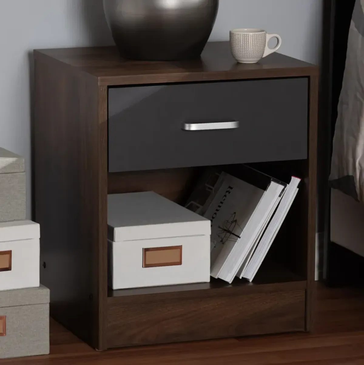 Baxton Studio Hansel Modern 1 Drawer Dark Brown and Dark Grey Finished Nightstand