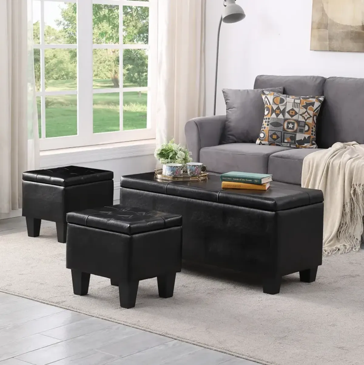 Large Storage Ottoman Bench Set, 3 In 1 Combination Ottoman, Tufted Ottoman Linen Bench