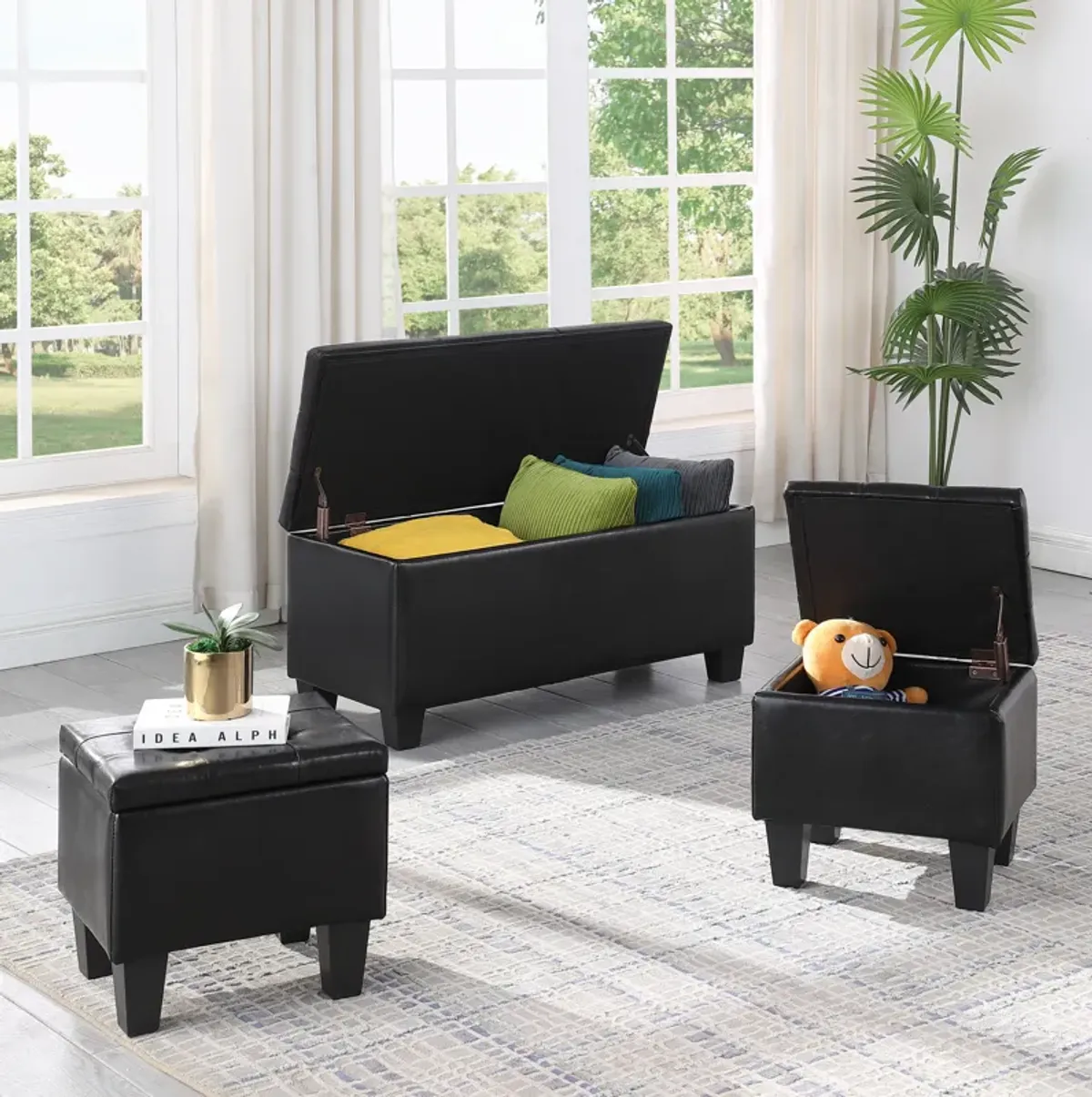 Large Storage Ottoman Bench Set, 3 In 1 Combination Ottoman, Tufted Ottoman Linen Bench