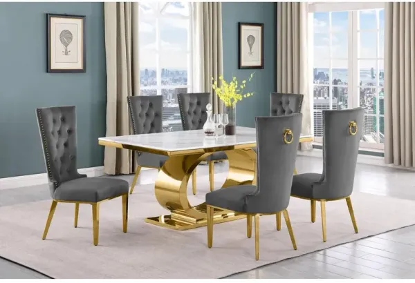 7pc Small(86") marble top dining set with gold base and 6 Dark grey side chairs