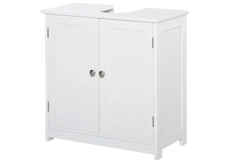 White Pedestal Sink Cabinet: U-Shape Cut-Out, Adjustable Shelf