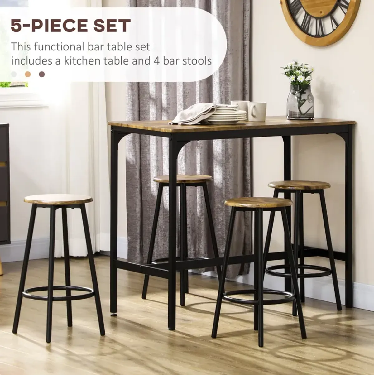 Pub-Style Eating Set: 5-Piece Industrial Bar Table with Metal Stools