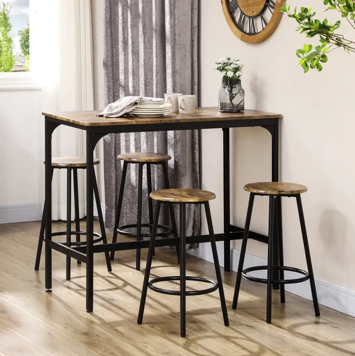 Pub-Style Eating Set: 5-Piece Industrial Bar Table with Metal Stools