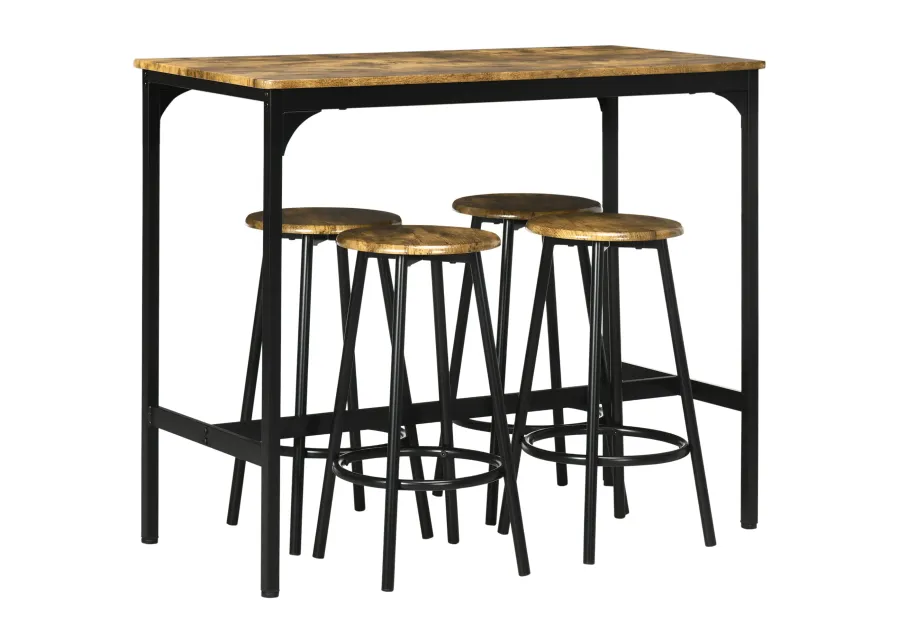 Pub-Style Eating Set: 5-Piece Industrial Bar Table with Metal Stools