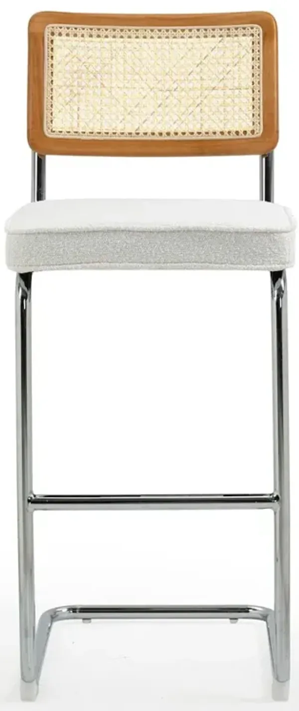 Glamour Home Set of 2 White Boucle Fabric Bar Stool Rattan Backrest and Silver Steel Legs