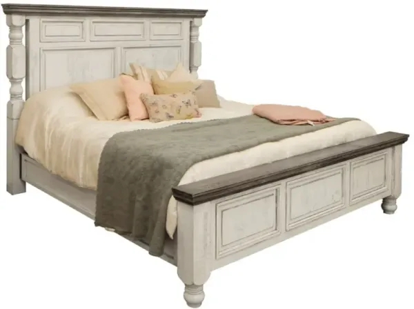 Sim Queen Size Bed, Antique White and Weathered Gray Solid Pine Wood - Benzara