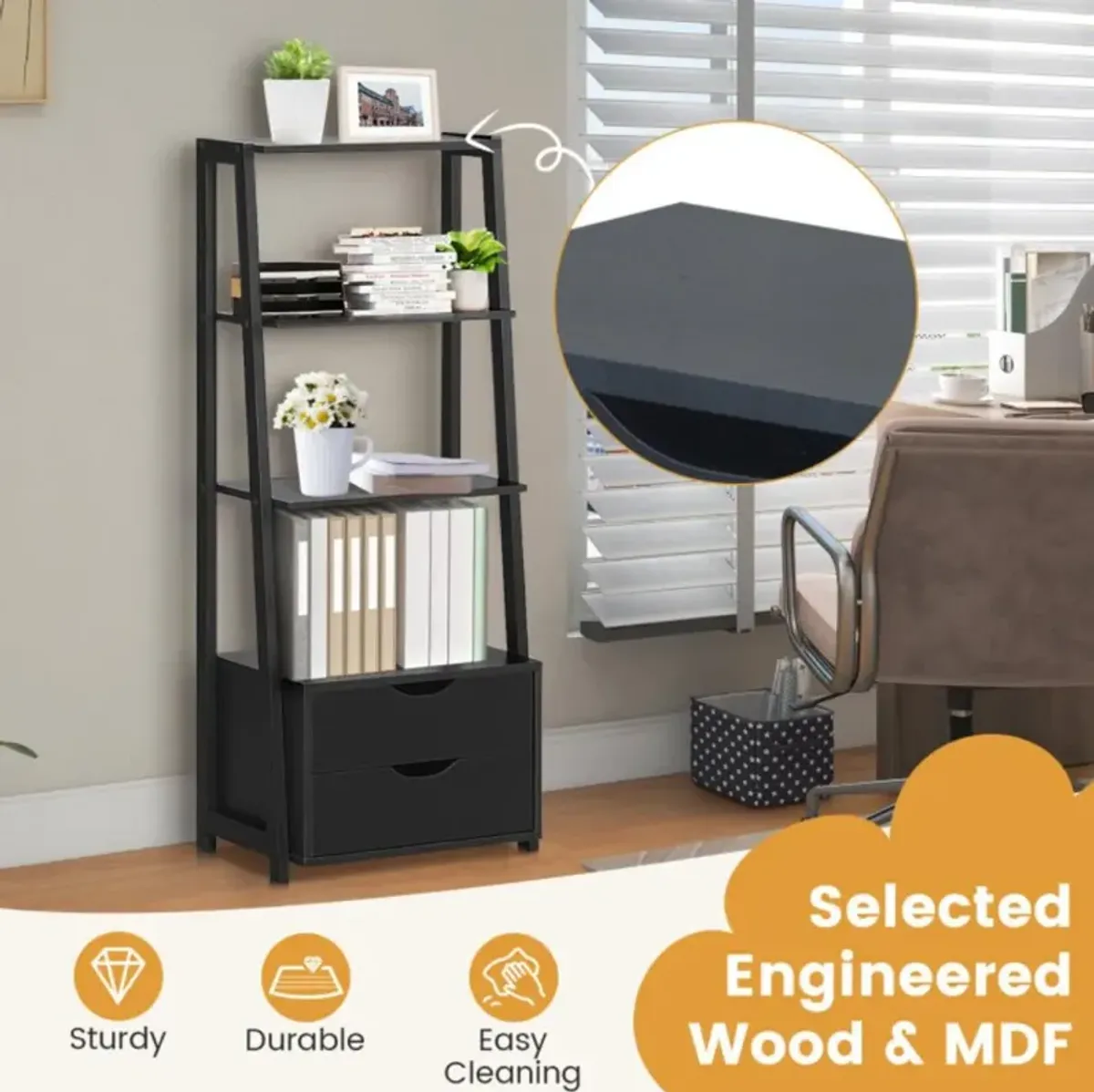 Hivvago 4-Tier Ladder Bookshelf Storage Display with Drawers