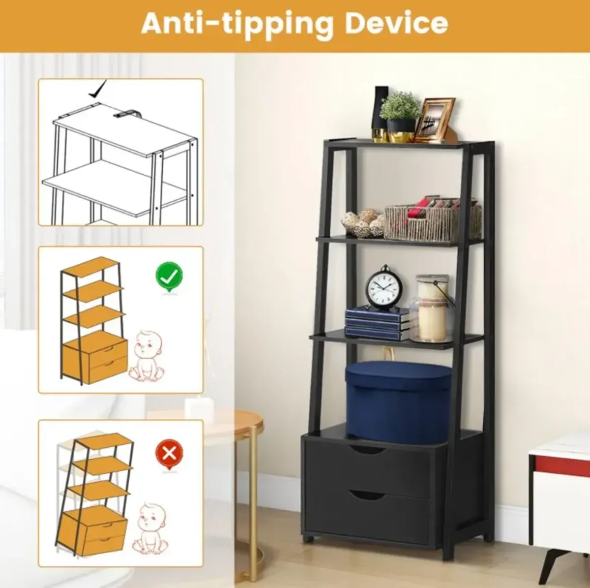 Hivvago 4-Tier Ladder Bookshelf Storage Display with Drawers