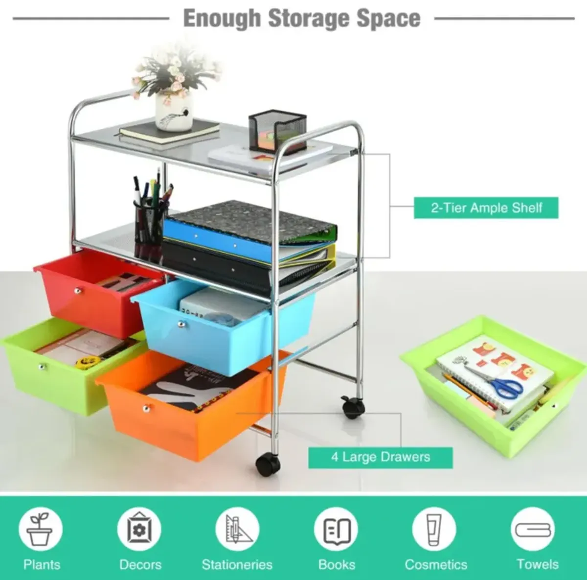 Hivvago 4 Drawers Shelves Rolling Storage Cart Rack