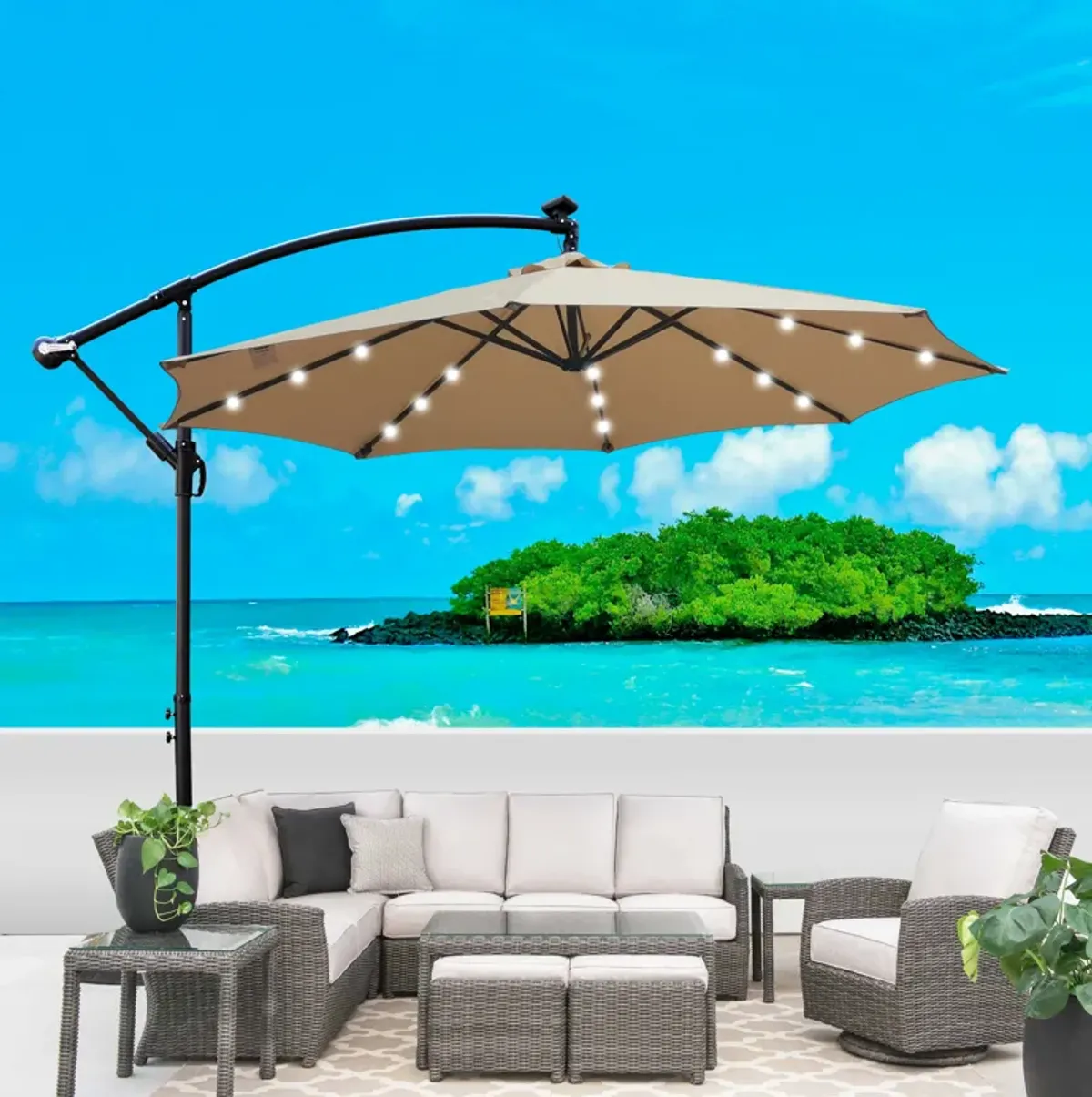 10ft Outdoor Patio Umbrella Solar Powered LED Lighted Sun Shade Market Waterproof 8 Ribs Umbrella with Crank and Cross Base - Garden Deck Backyard Pool Shade