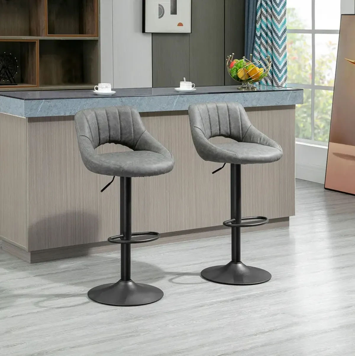 HOMCOM Bar Stools Set of 2, Swivel Bar Height Barstools Chairs with Adjustable Height, Round Heavy Metal Base, and Footrest, Gray