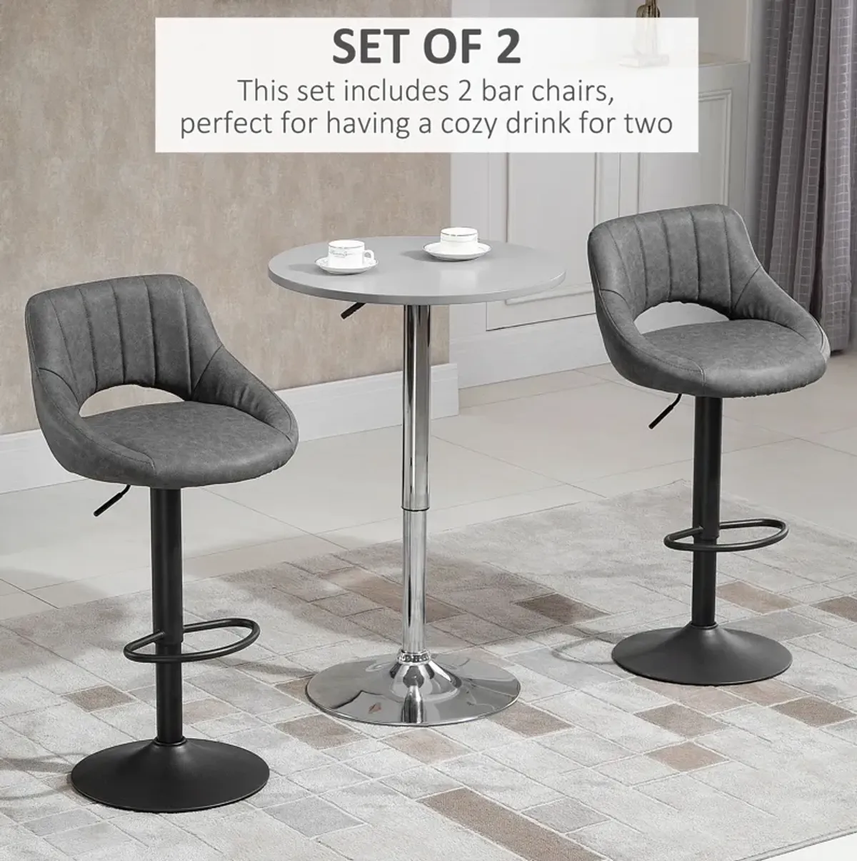 HOMCOM Bar Stools Set of 2, Swivel Bar Height Barstools Chairs with Adjustable Height, Round Heavy Metal Base, and Footrest, Gray