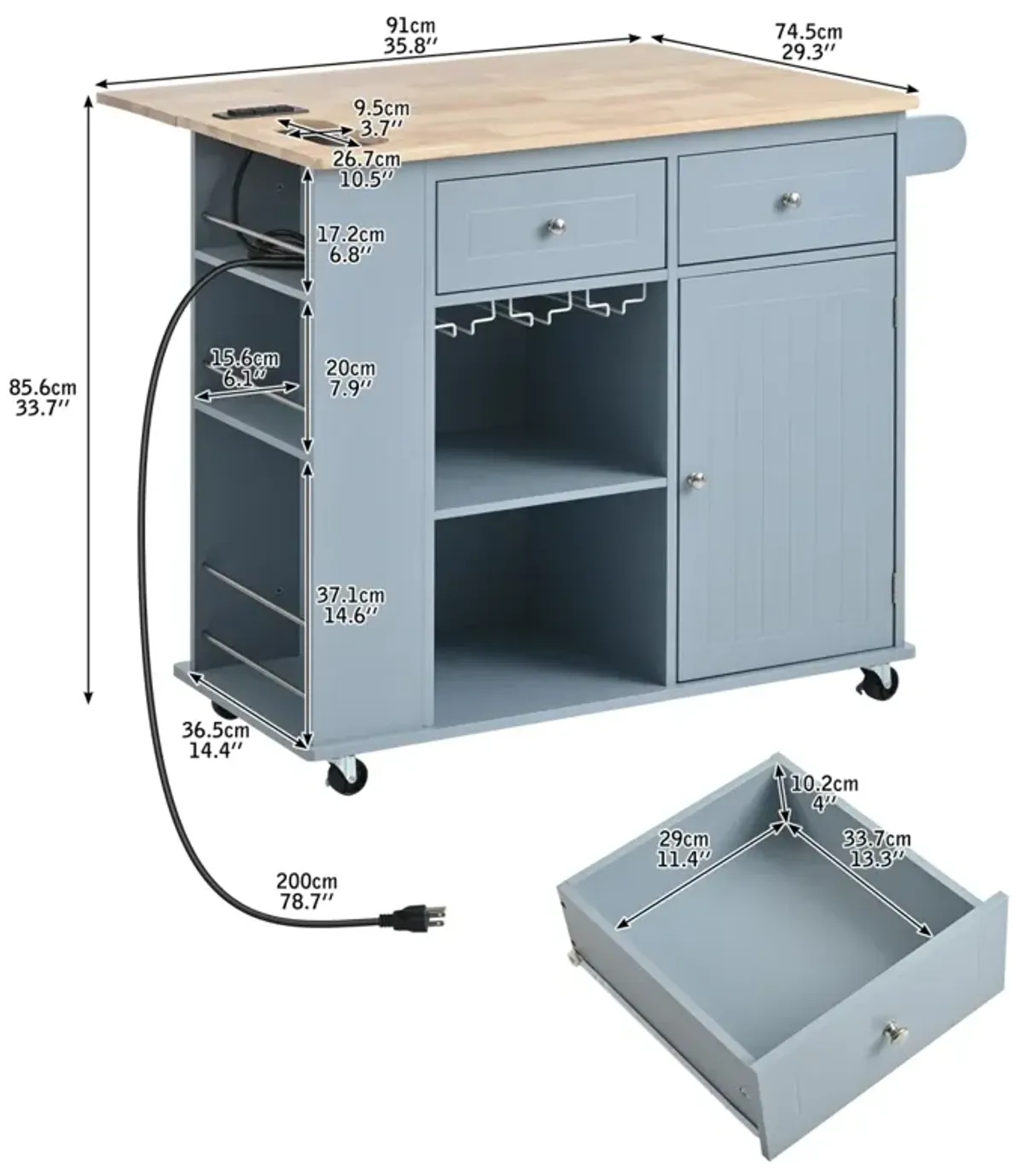 Rolling Kitchen Island With Power Outlet, Drop Leaf, & Storage