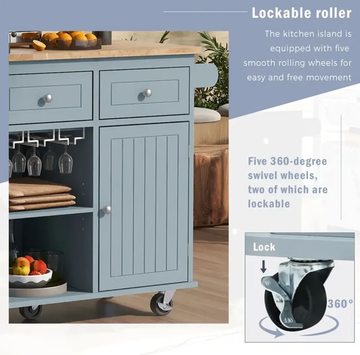 Rolling Kitchen Island With Power Outlet, Drop Leaf, & Storage