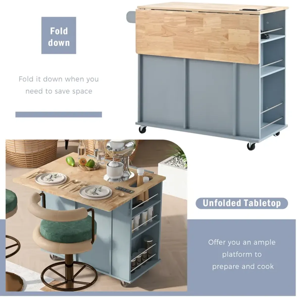 Rolling Kitchen Island With Power Outlet, Drop Leaf, & Storage