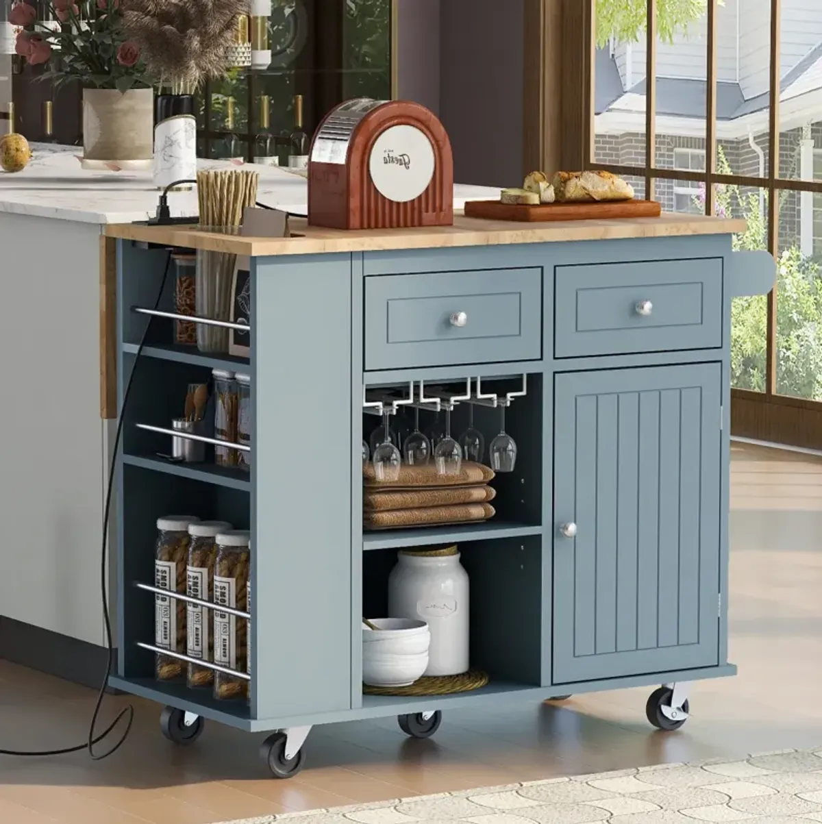 Rolling Kitchen Island With Power Outlet, Drop Leaf, & Storage