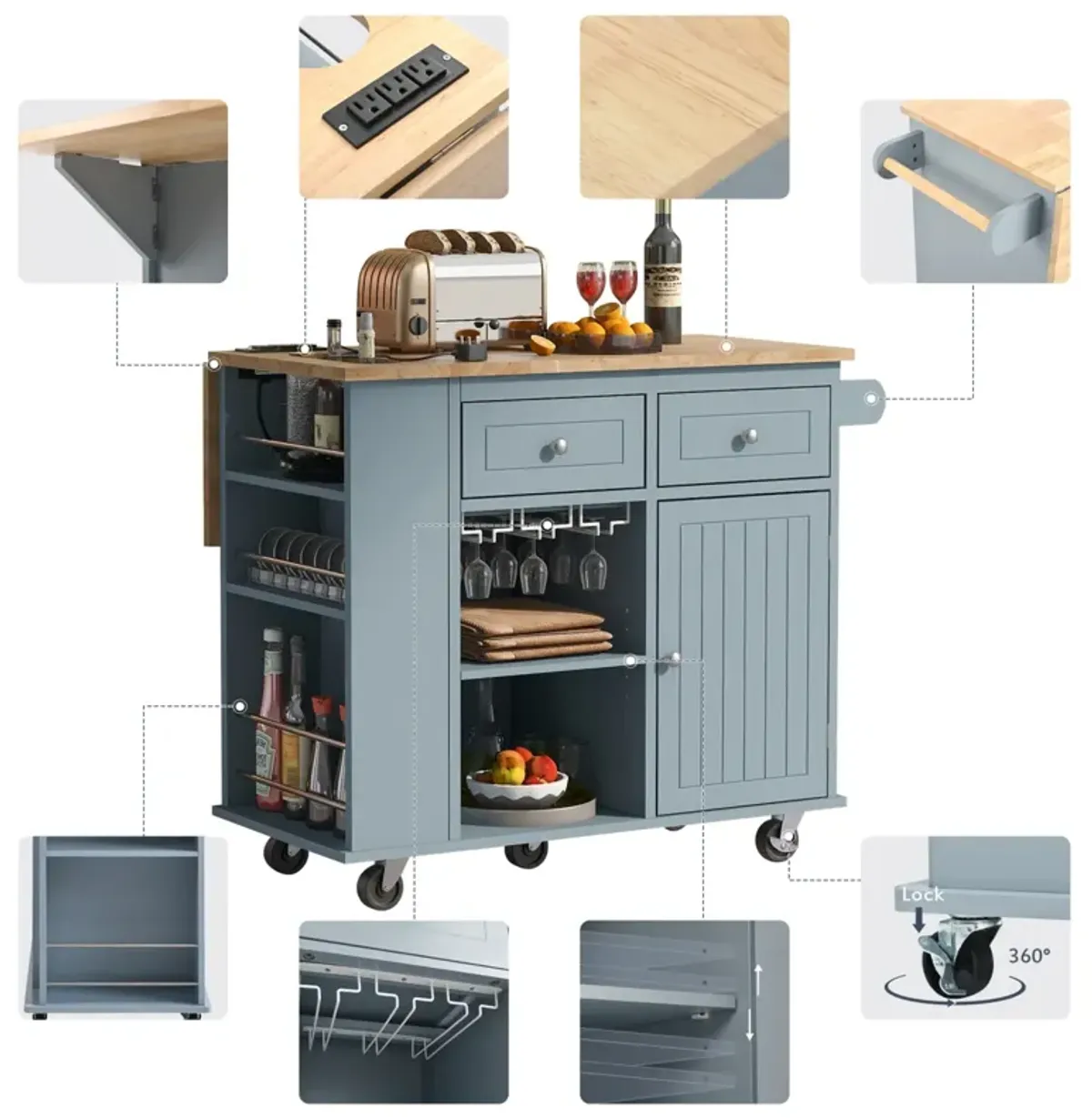 Rolling Kitchen Island With Power Outlet, Drop Leaf, & Storage