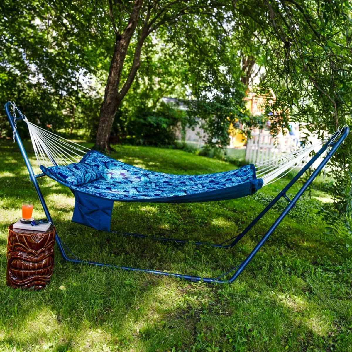 2-Person Polyester Hammock with Iron Spreader Bar and Pillow