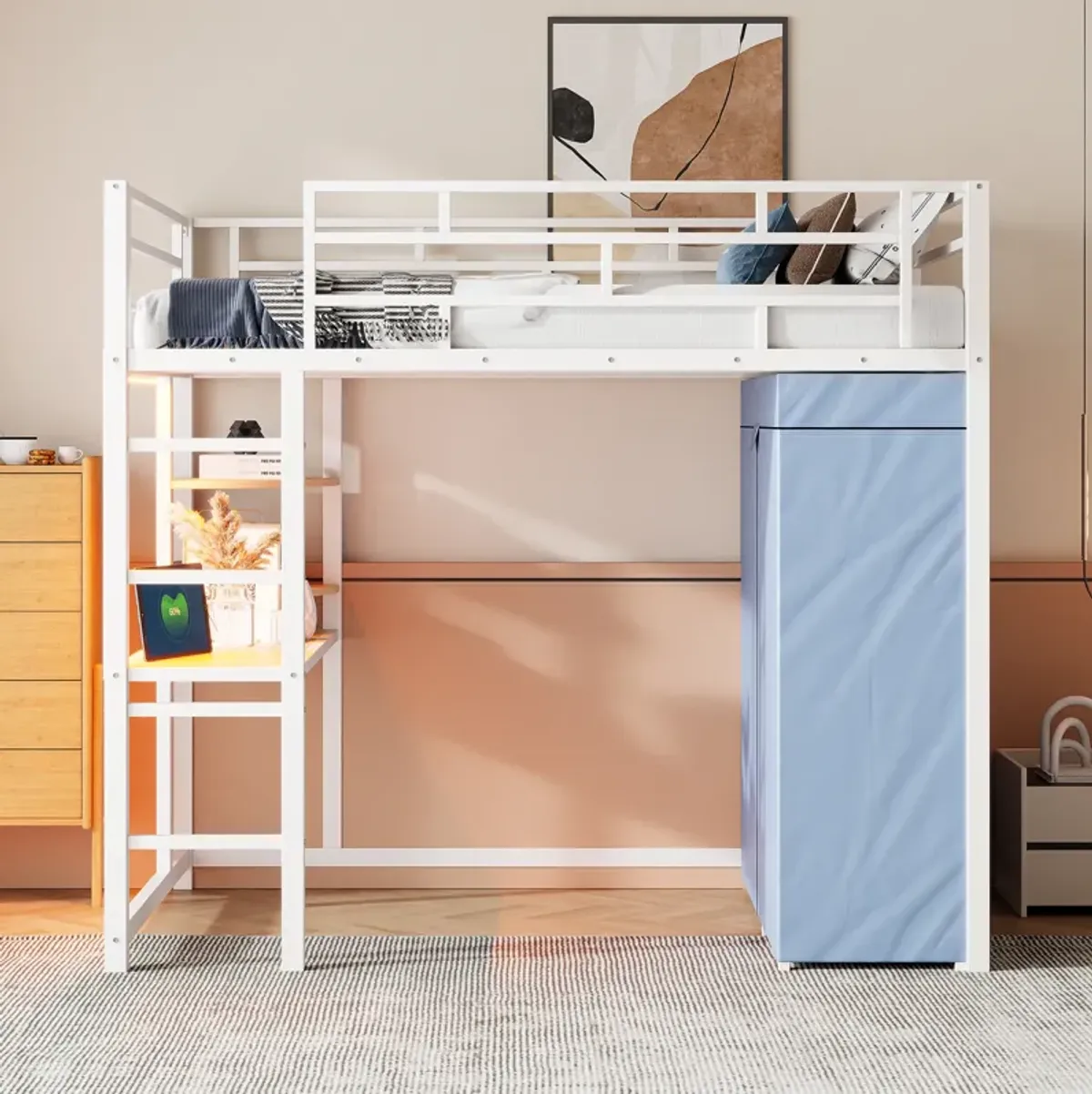 Merax Metal Loft Bed with Storage  and Wardrobe